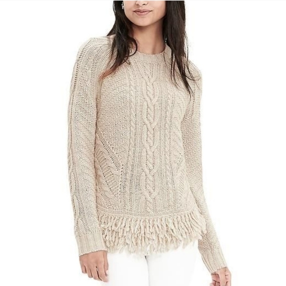 Banana Republic Sweaters - Banana Republic Cable Knit Ivory Fringe Sweater XS
